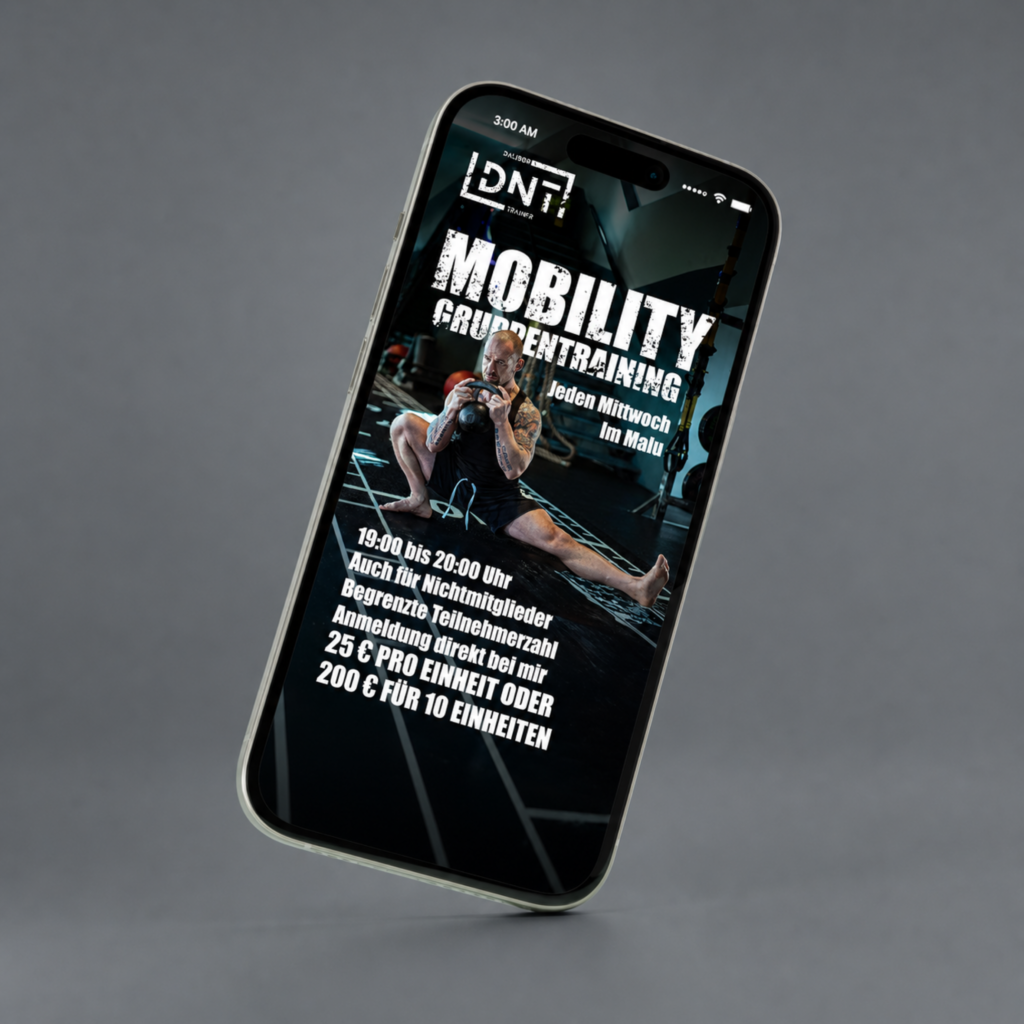 Smartphone showing the DNT Mobility Gruppentraining Instagram story