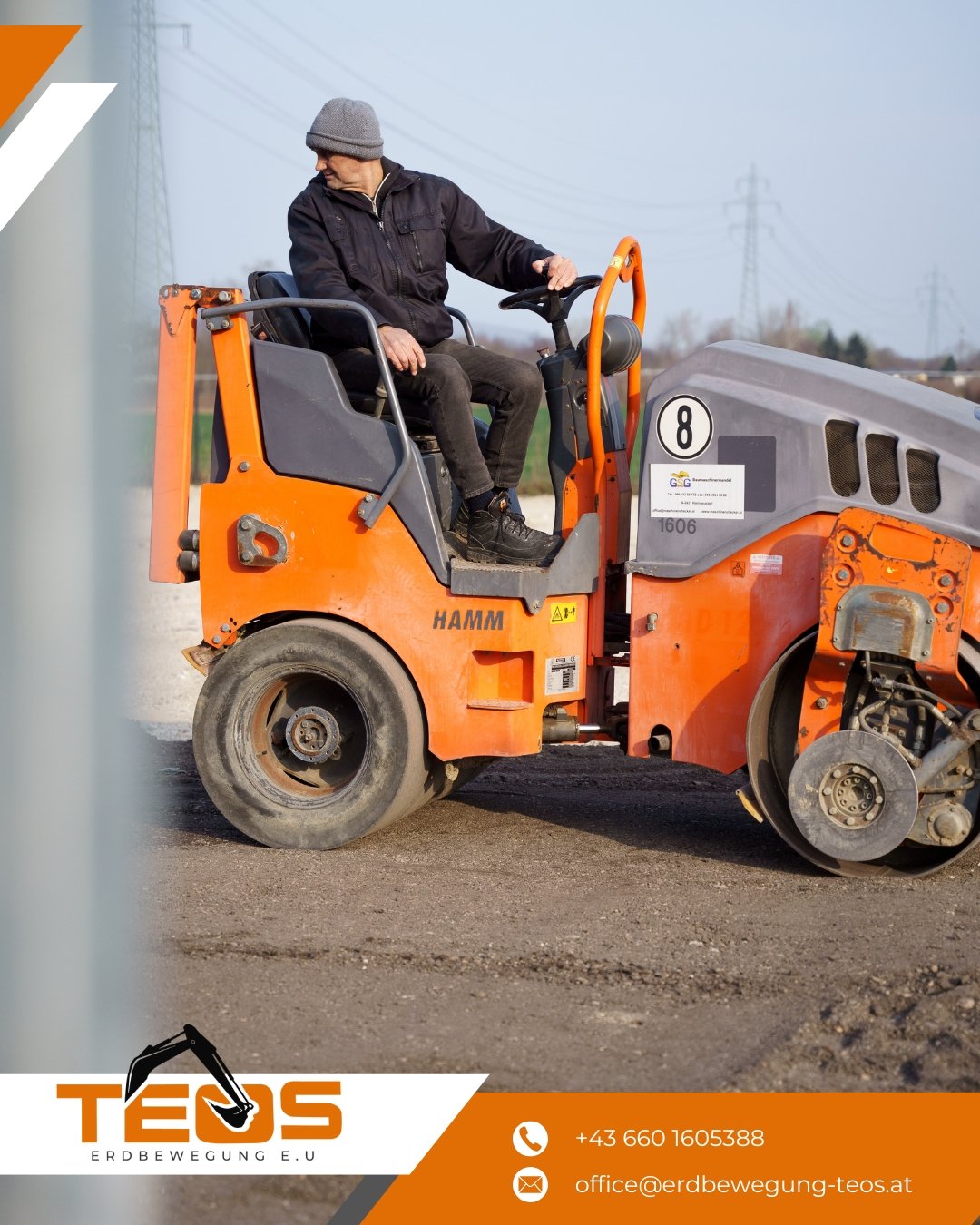 TEOS social media post with an operator on an orange road roller