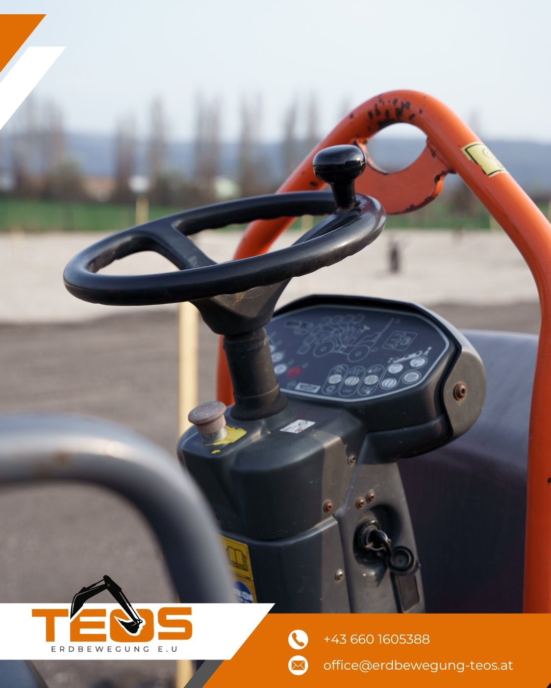 TEOS social media post showing the steering wheel inside a roller, with orange branded frame