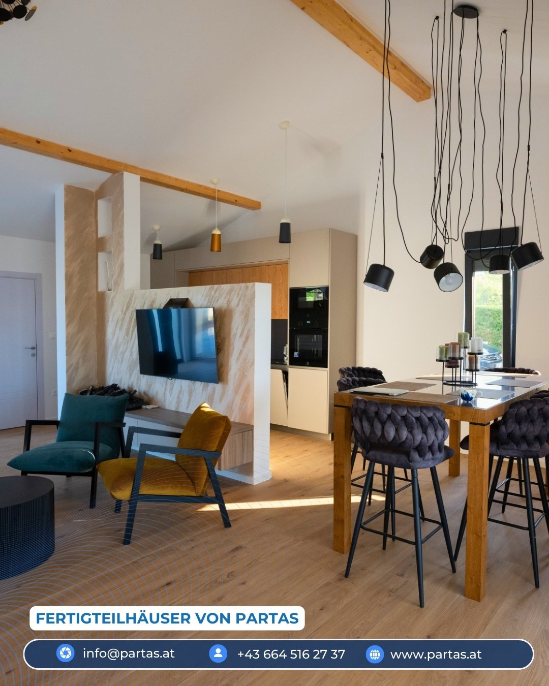 PARTAS branded social post showing an open dining and living space, with contact bar