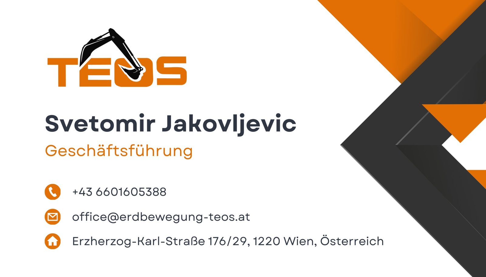 Back of the TEOS business card with managing director contact details