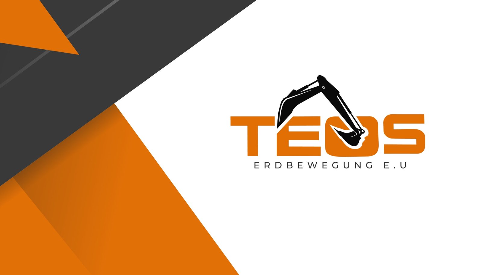 Front of the TEOS business card with the excavator logo on orange and charcoal shapes