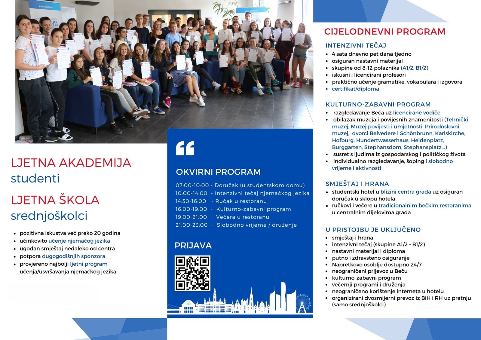 Inside of the Ljetna akademija brochure with group photo, daily programme and QR code