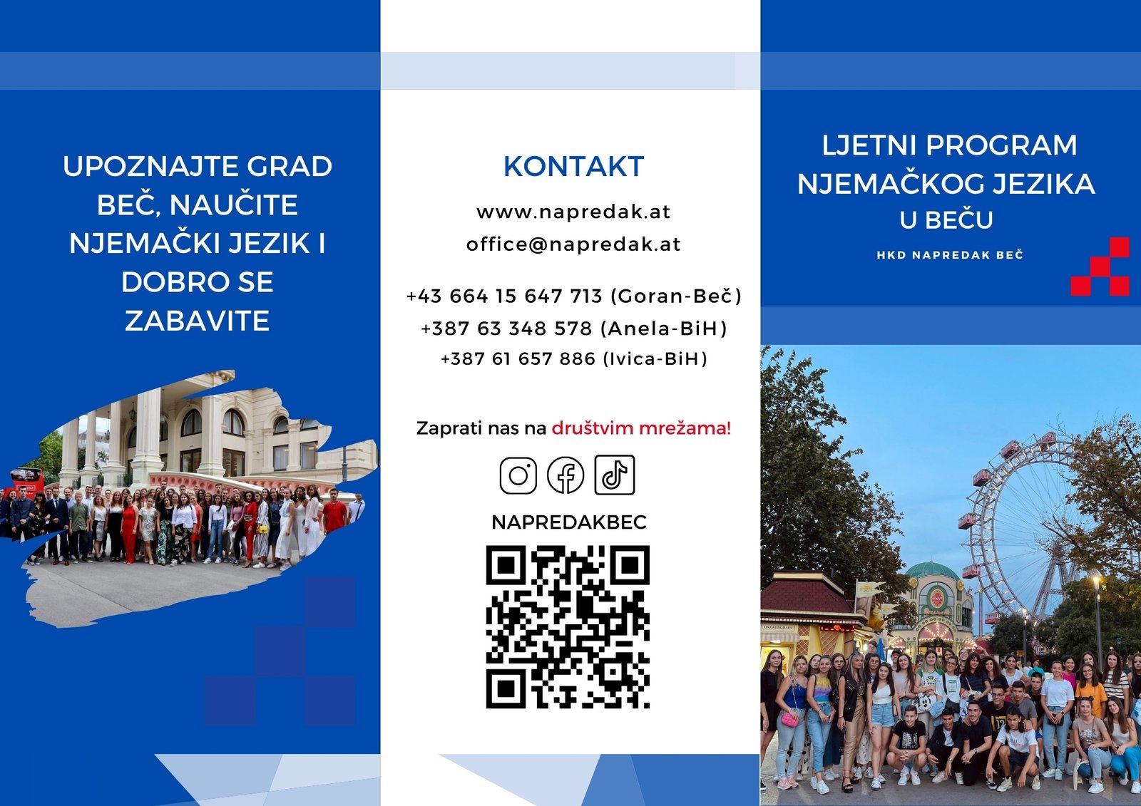 Outside of the Napredak summer German programme tri-fold with contact details and Vienna photos
