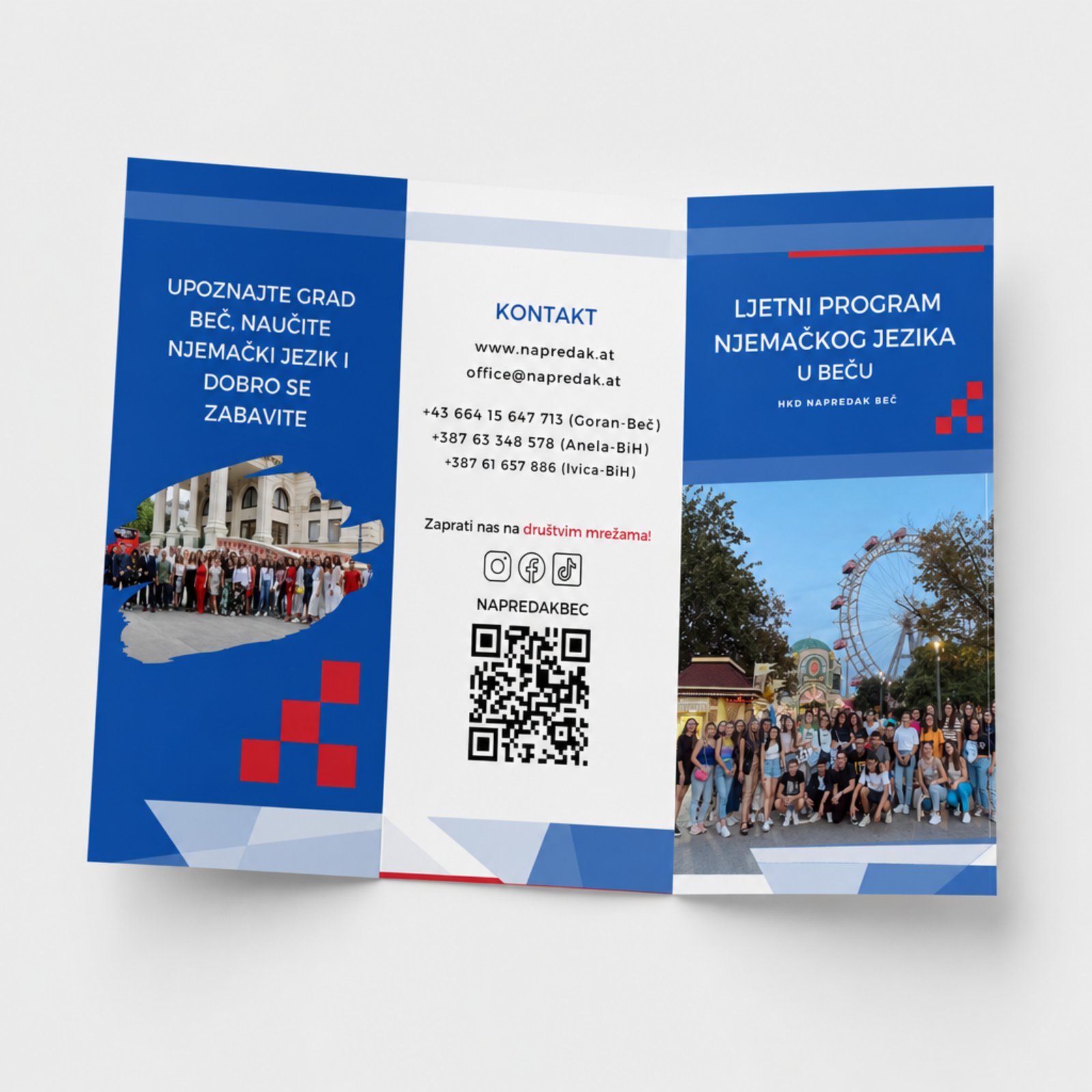Blue Napredak summer German programme tri-fold with QR code and Vienna photos