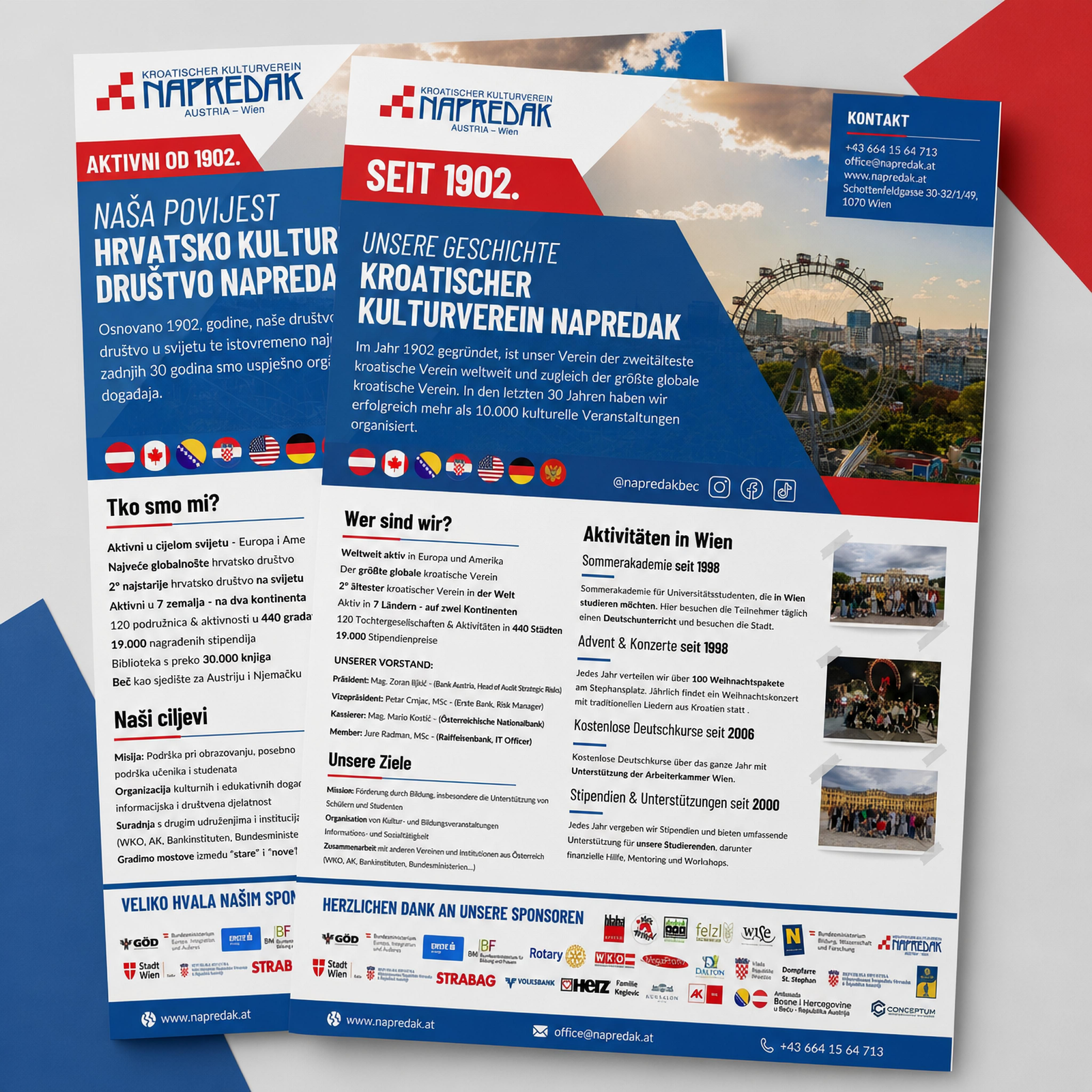 German and Croatian Napredak overview flyers stacked on a blue and red background