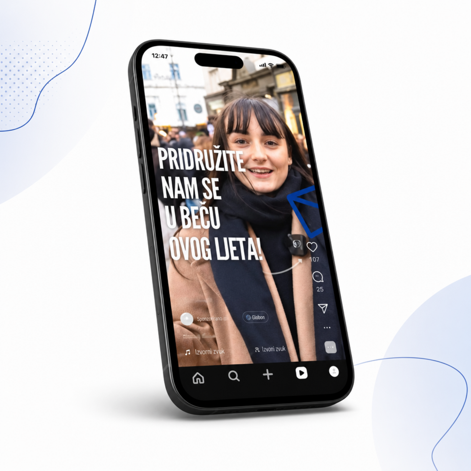 Smartphone showing a Napredak post inviting students to join the summer in Vienna