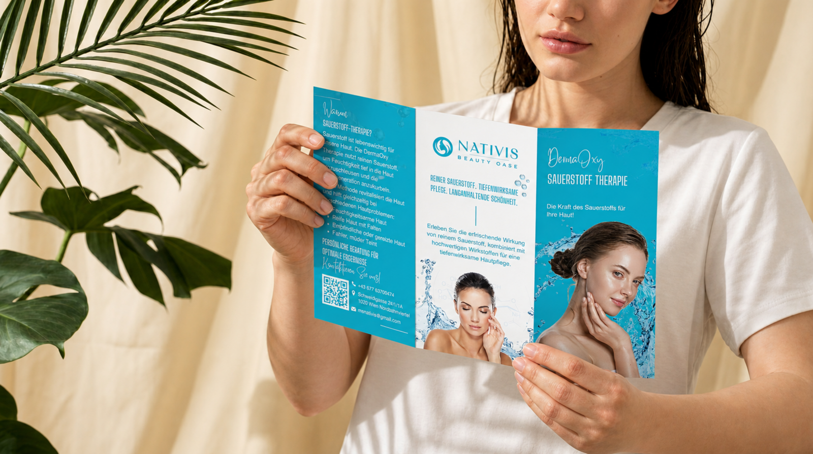 Woman holding the blue Nativis DermaOxy oxygen therapy tri-fold brochure