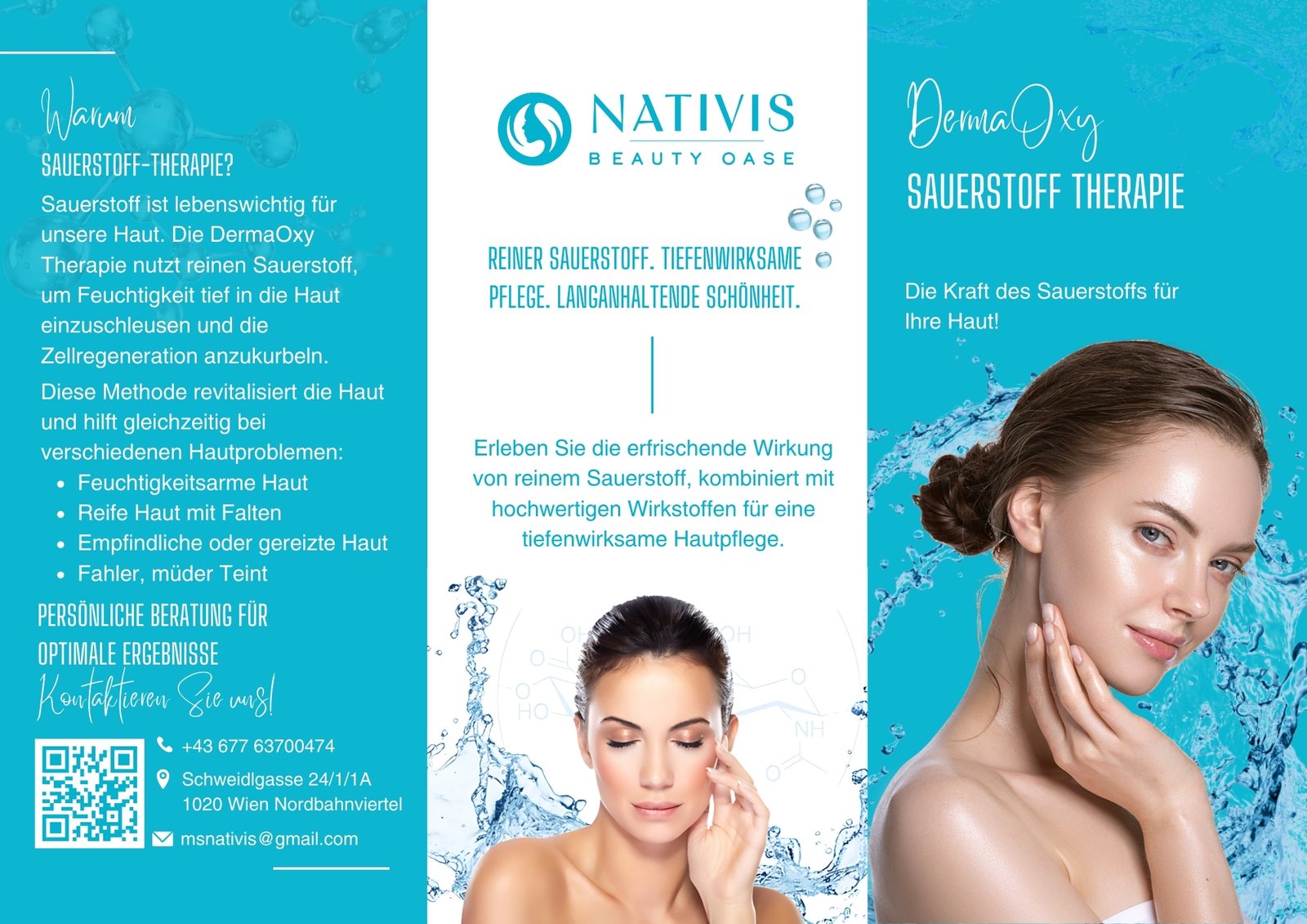 Outside spread of the blue Nativis DermaOxy brochure with water-splash portrait and contact details