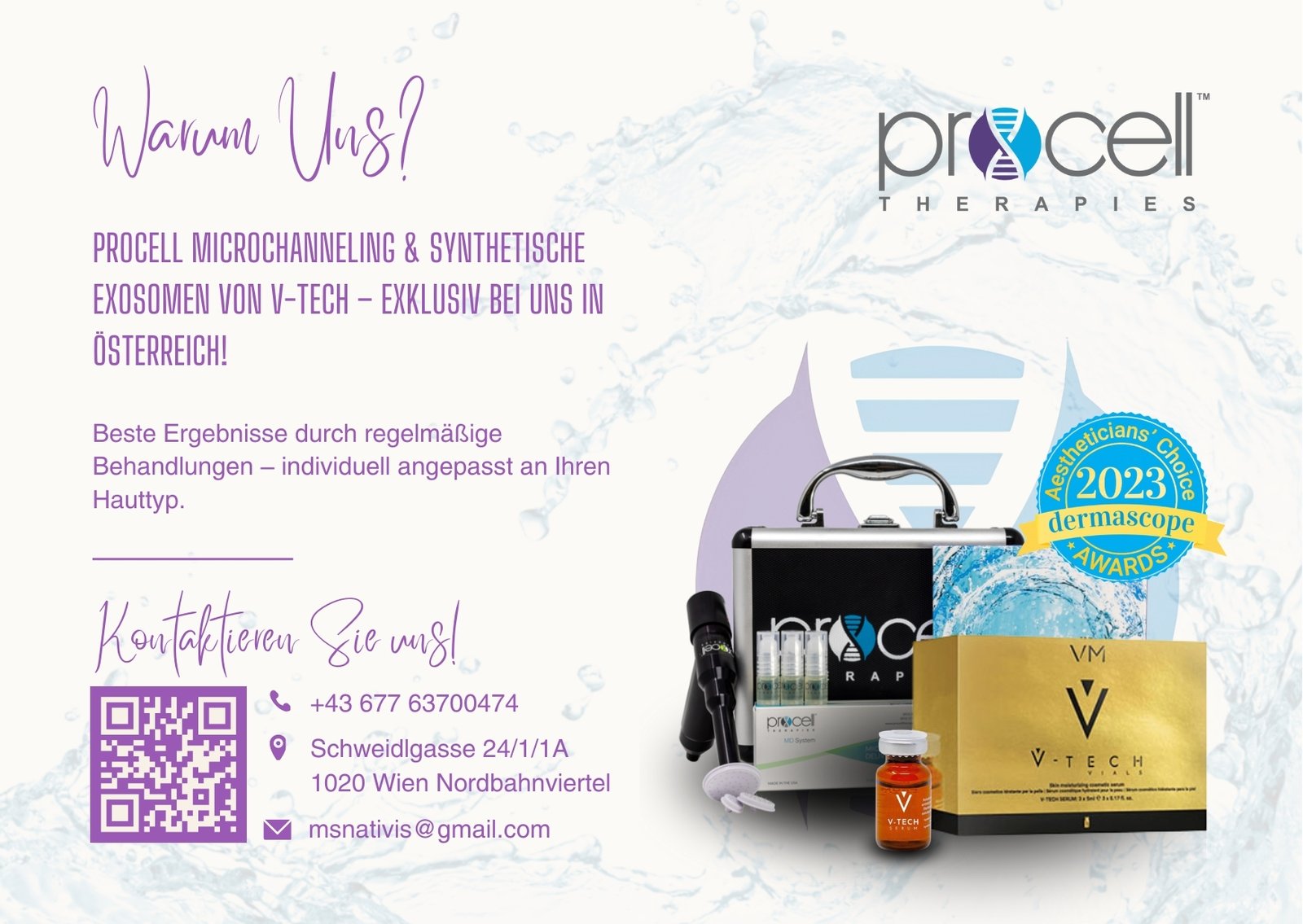 Nativis info card in lilac explaining why to choose Procell microchanneling, with QR code and contact details