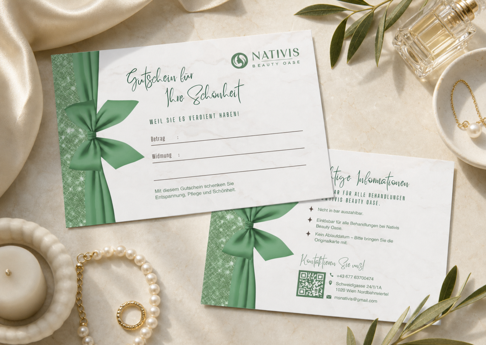 Nativis gift voucher with green ribbon design, styled with candles and jewellery