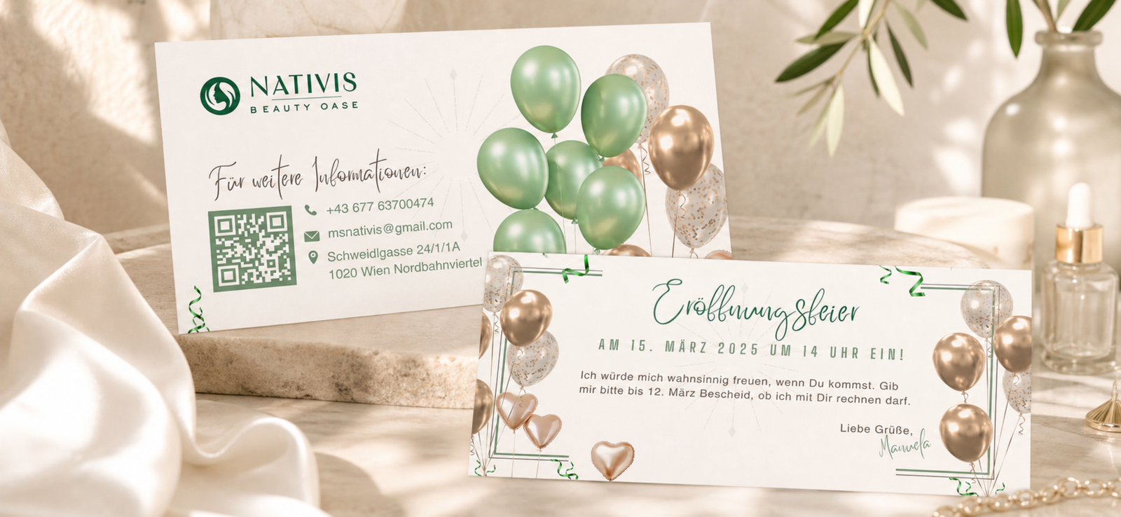 Nativis Beauty Oase opening invitation card in cream and green, styled with balloons