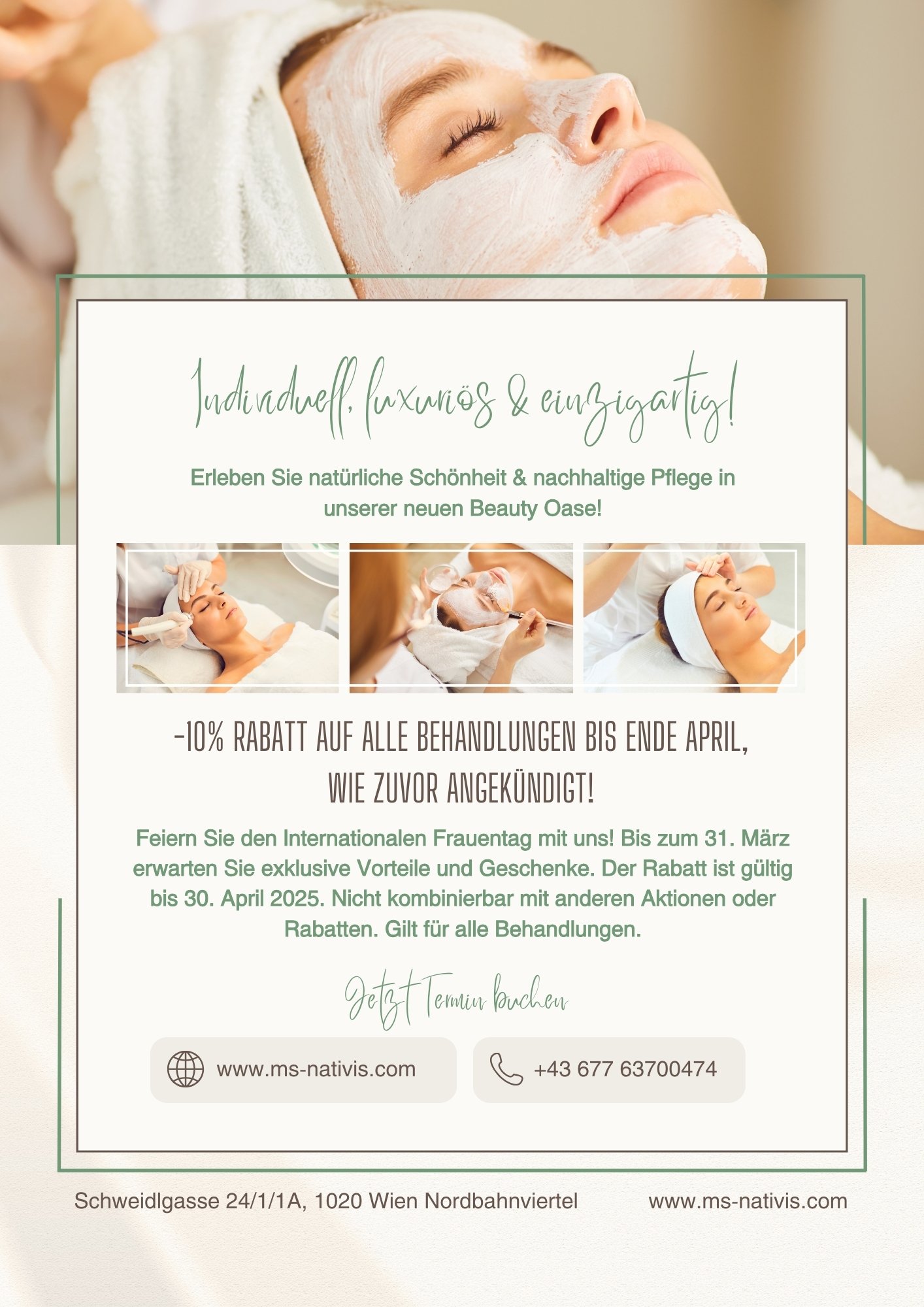 Back of the Nativis opening flyer with treatment photos and a 10% opening discount offer