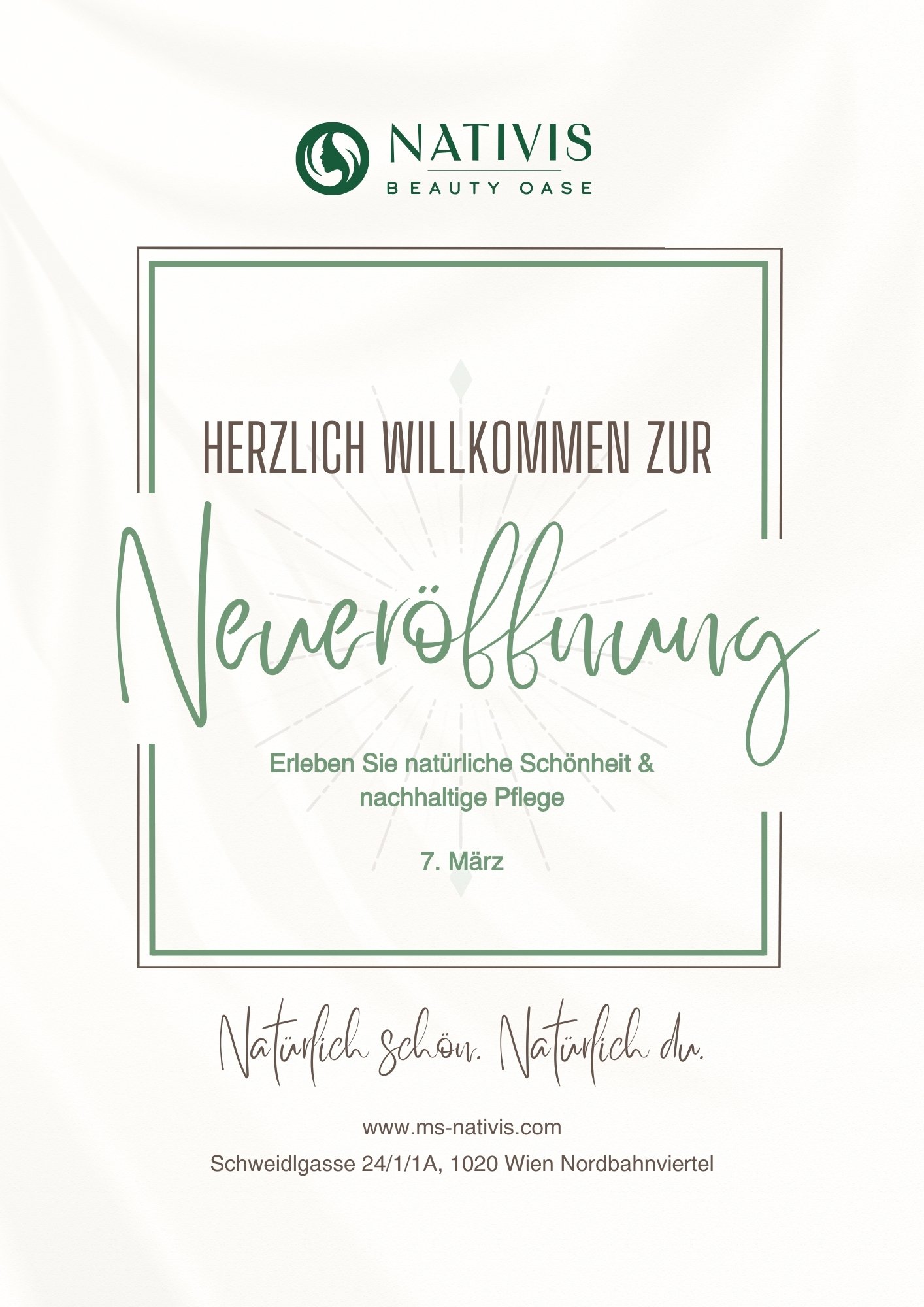 Front of the Nativis opening flyer reading Herzlich willkommen zur Neueröffnung, in cream and green