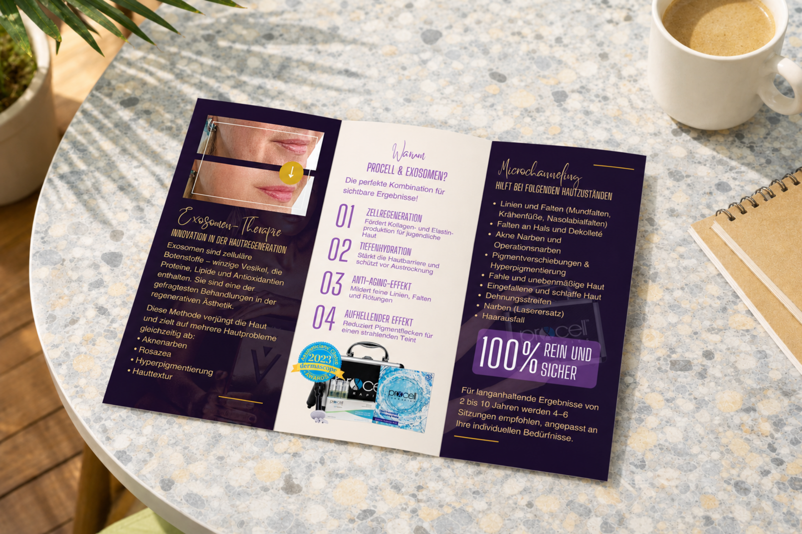 Purple Nativis tri-fold brochure lying open on a terrazzo café table next to a coffee