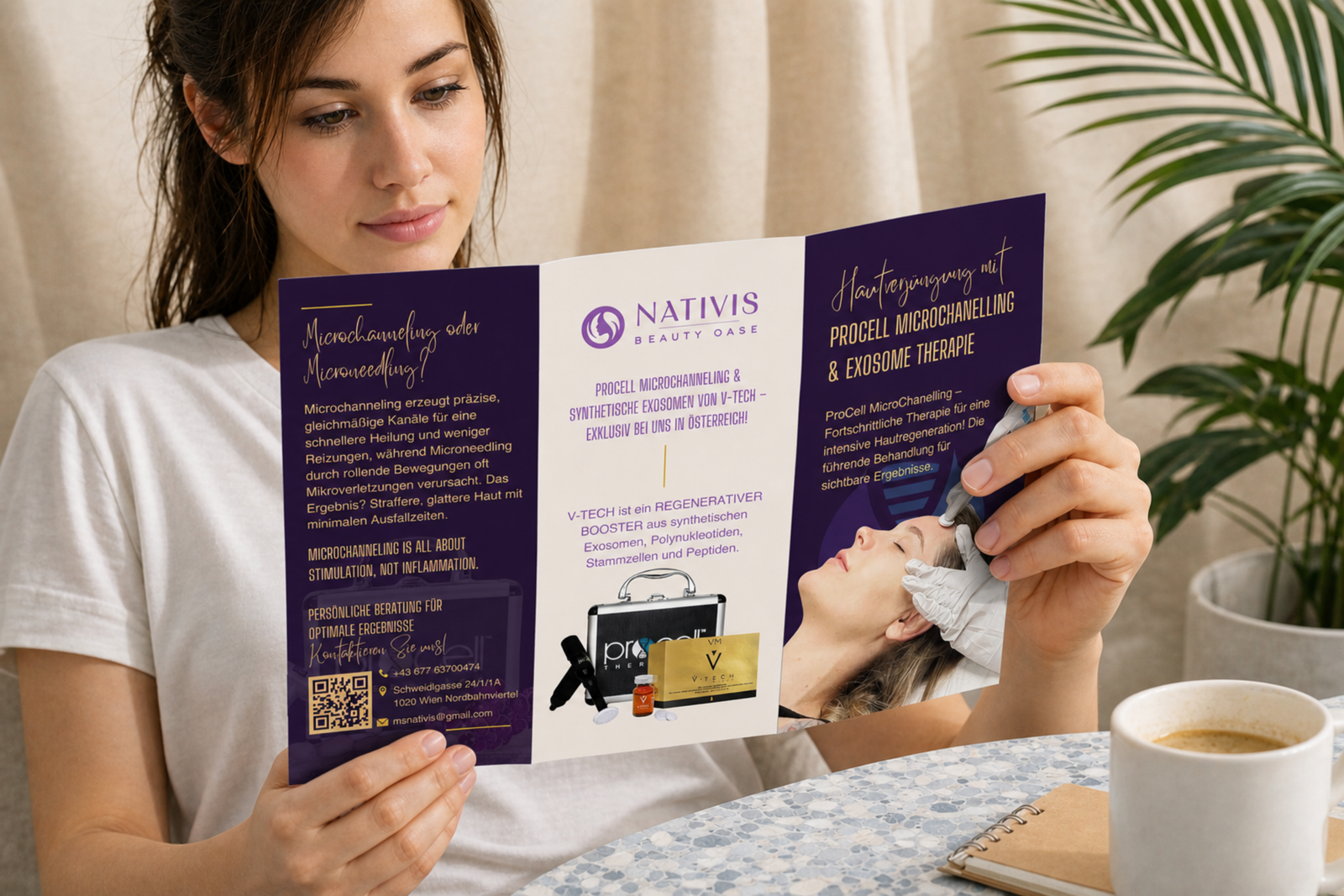 Woman reading the purple Nativis Procell and Exosome tri-fold brochure