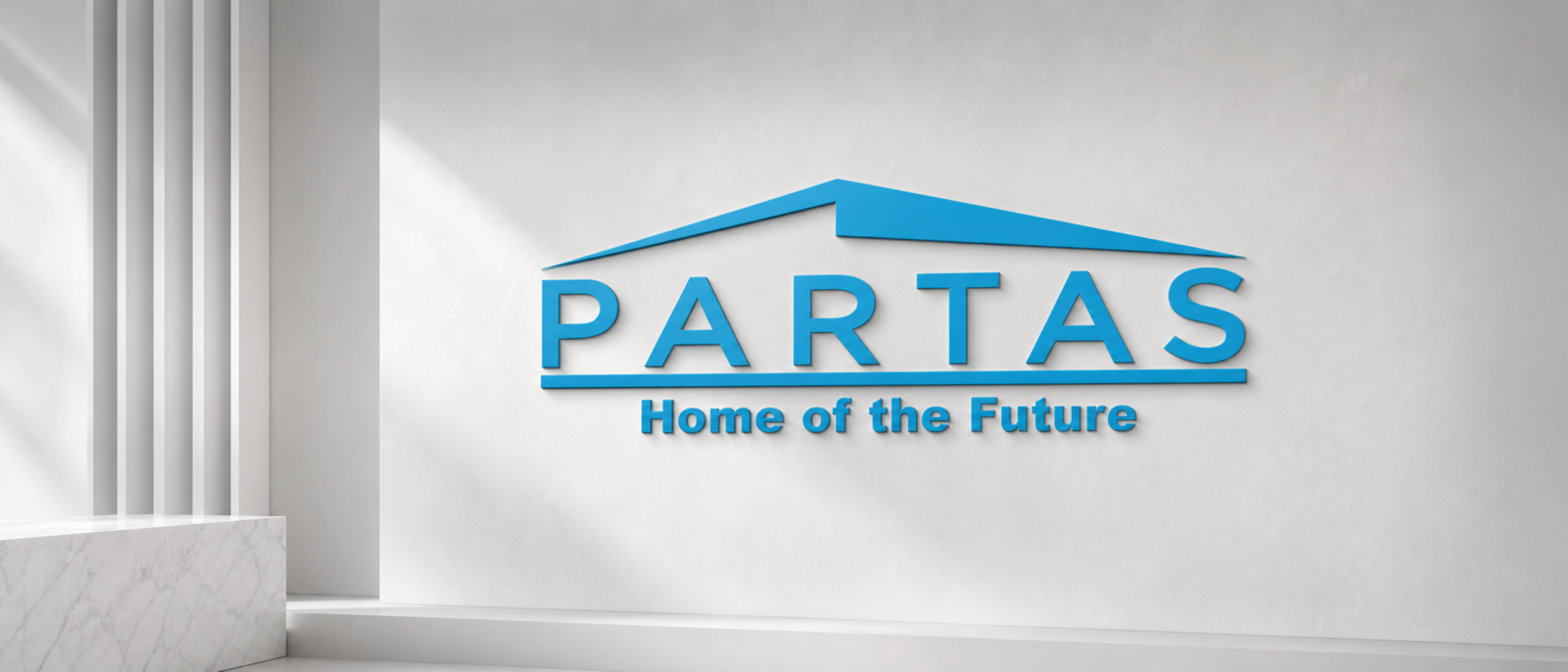 PARTAS Home of the Future logo as a 3D blue sign on a white wall