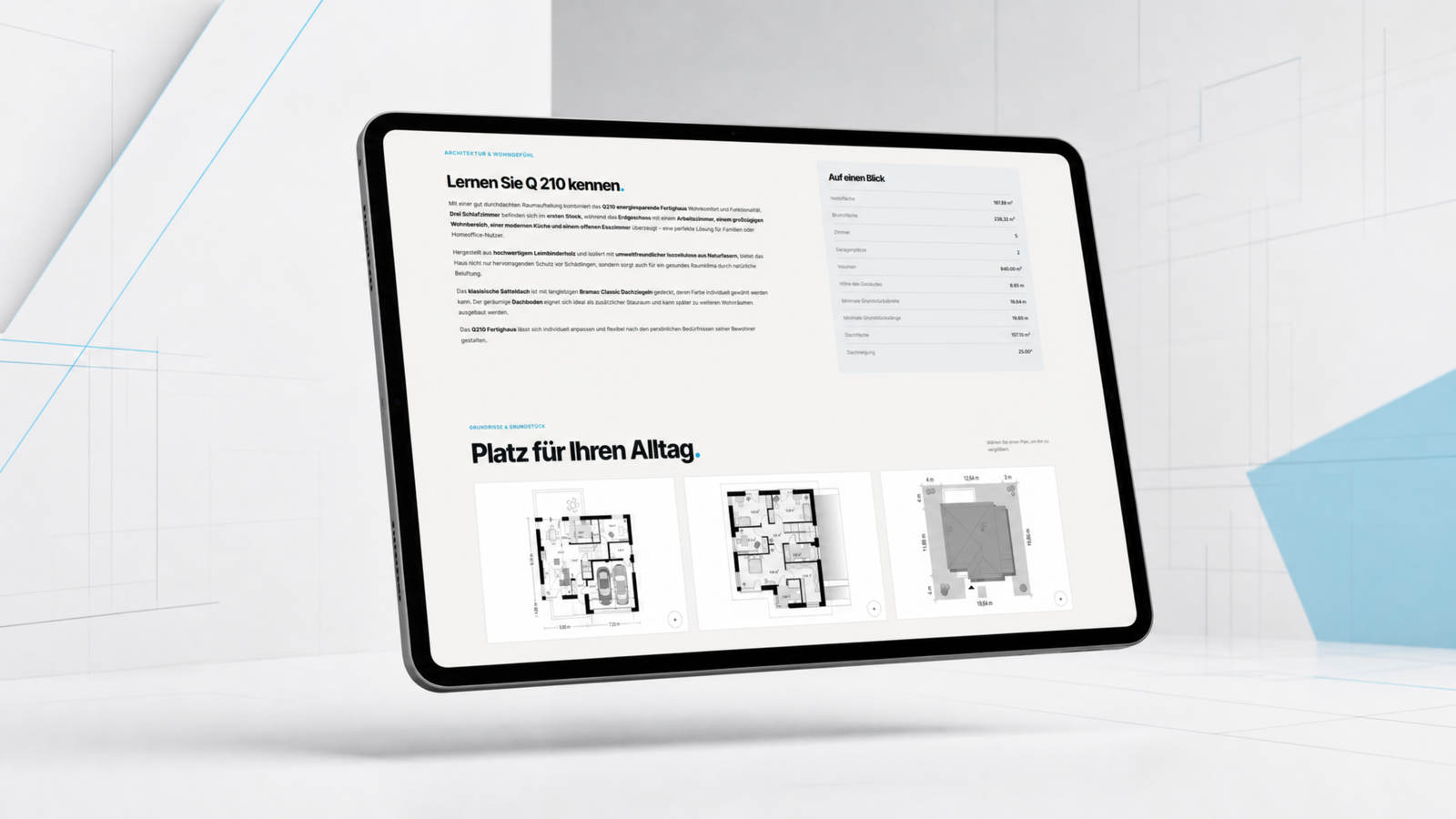 Tablet showing PARTAS website floor plans under the heading Platz für Ihren Alltag