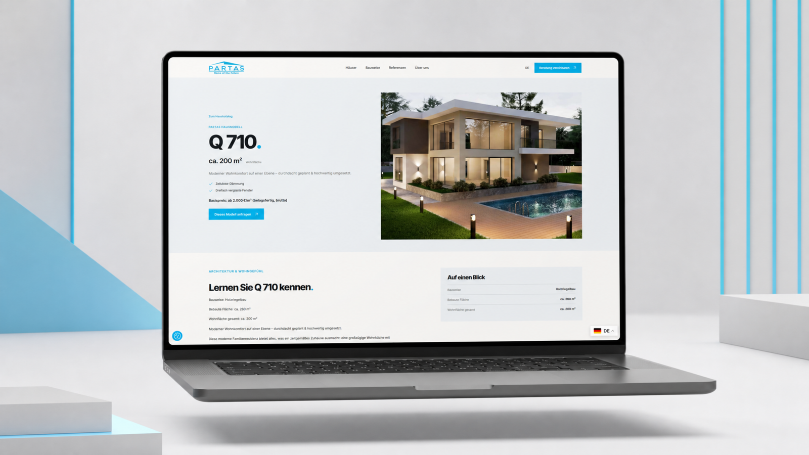 Laptop showing the PARTAS website page for the Q 710 house model