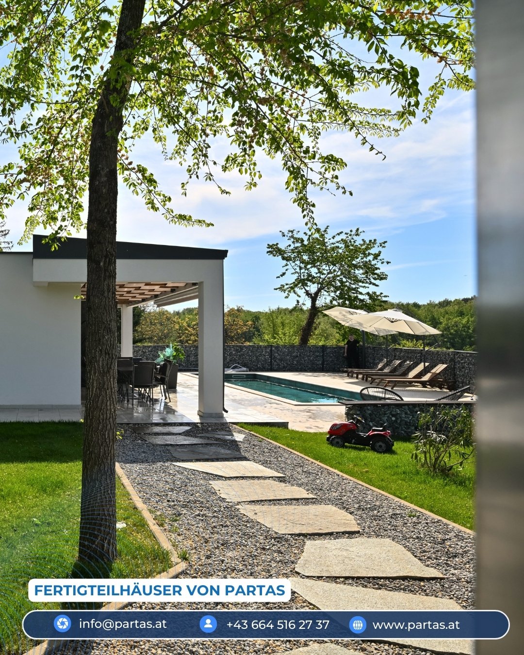 PARTAS branded social post with a garden path leading to a house and pool