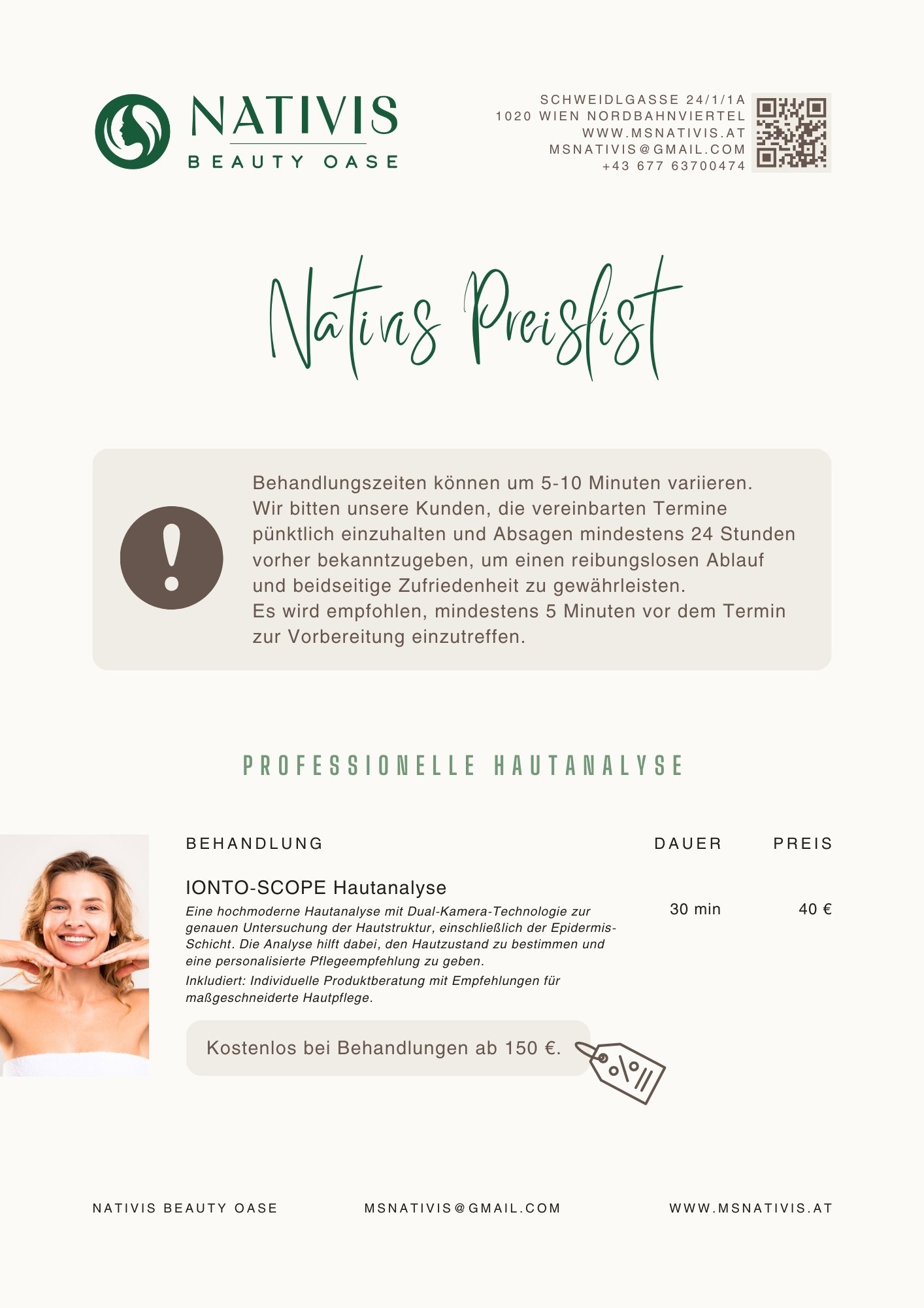 First page of the Nativis Beauty Oase price list with intro text and treatment prices