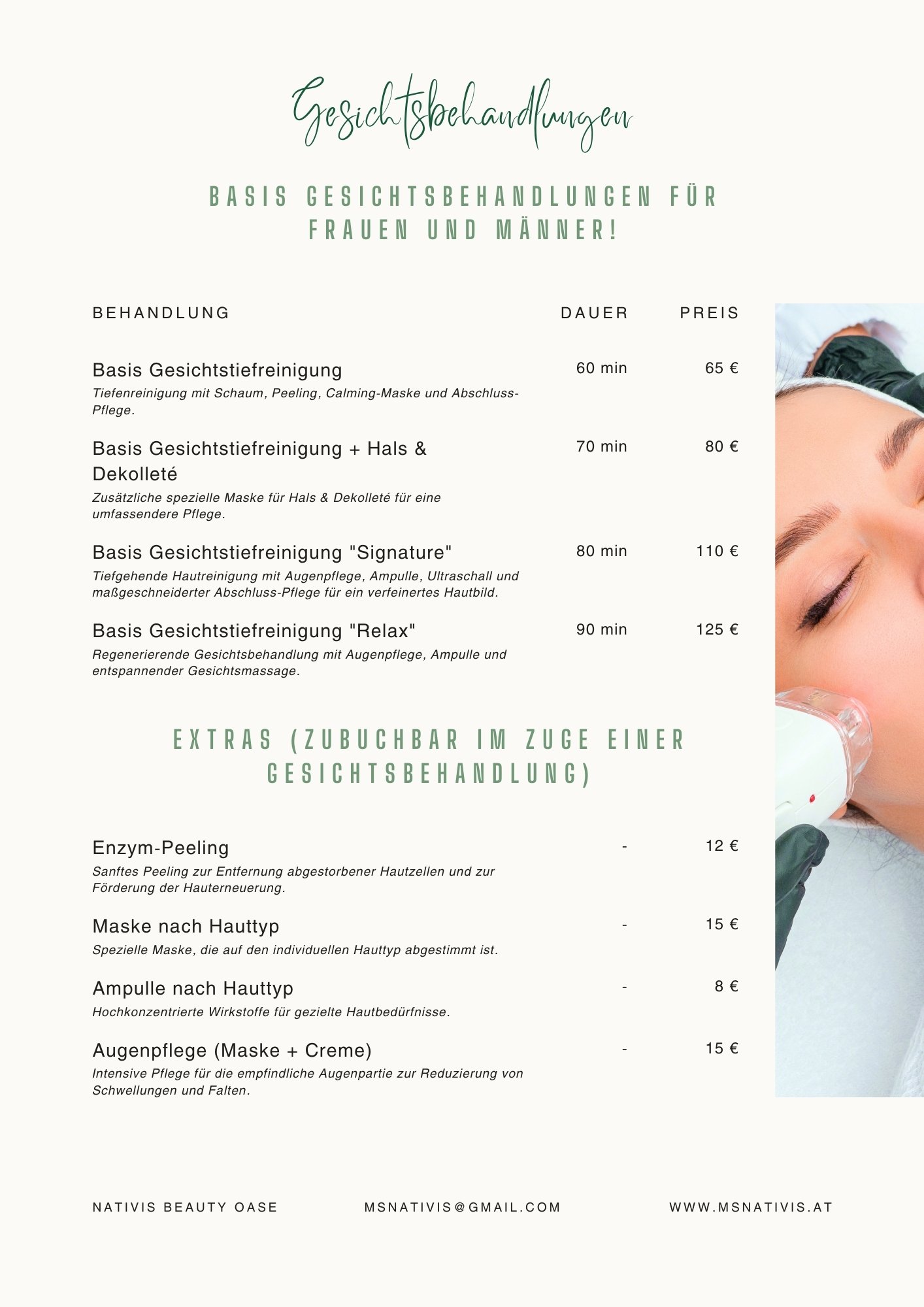 Nativis price list page listing facial treatments and prices