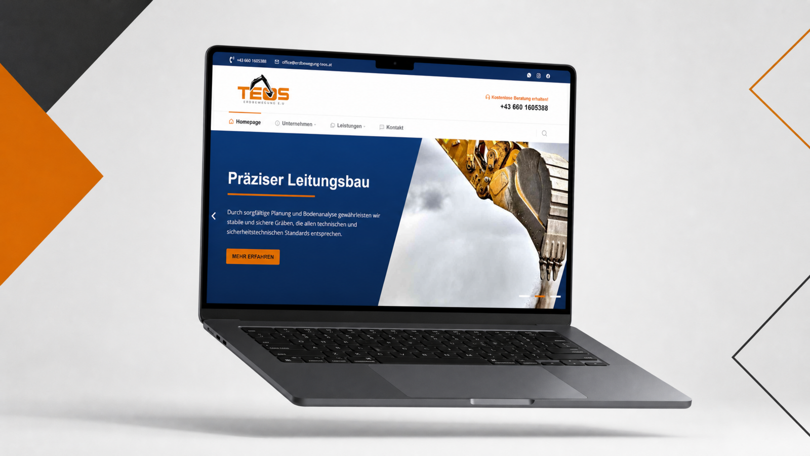 Laptop showing the TEOS Erdbewegung website homepage, Präziser Leitungsbau