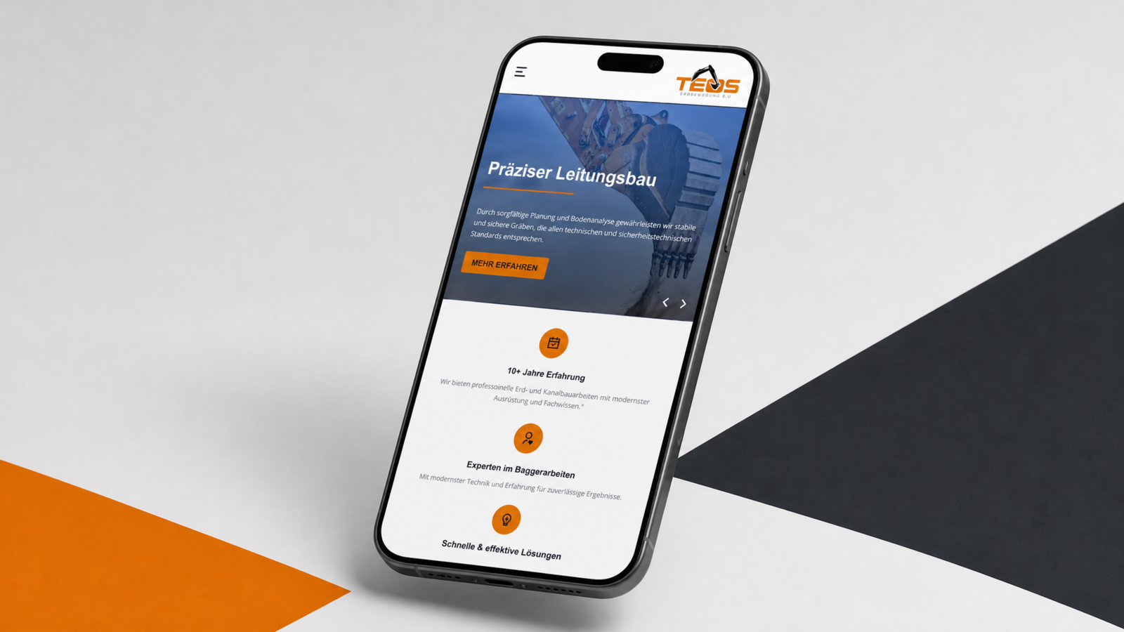 Smartphone showing the mobile TEOS website with service icons