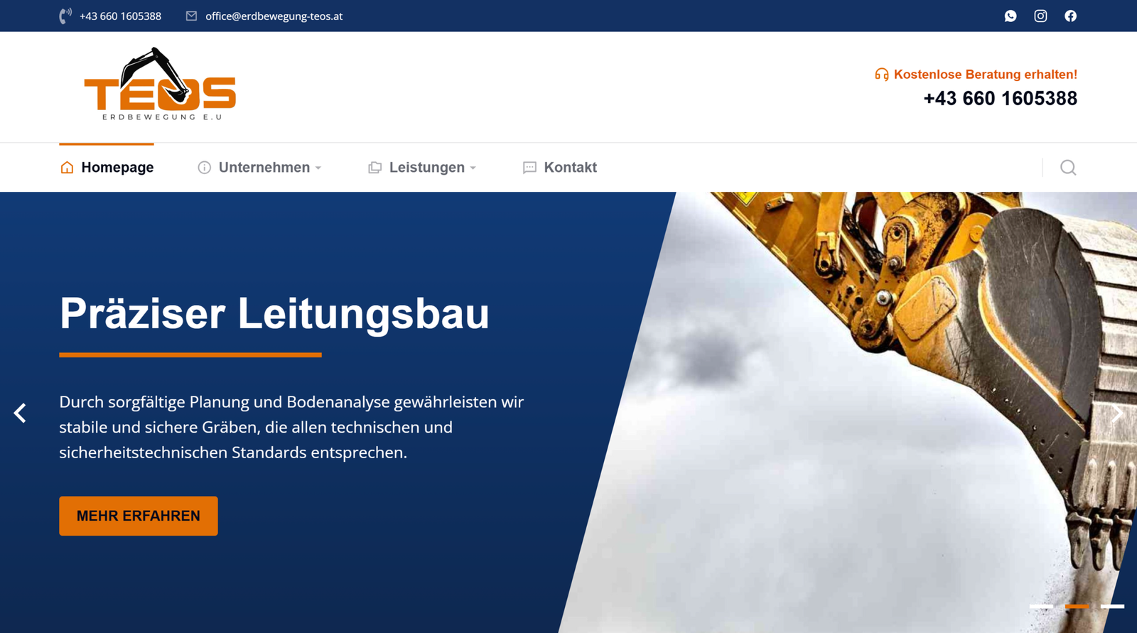 TEOS Erdbewegung website homepage with navy hero, Präziser Leitungsbau headline and excavator image