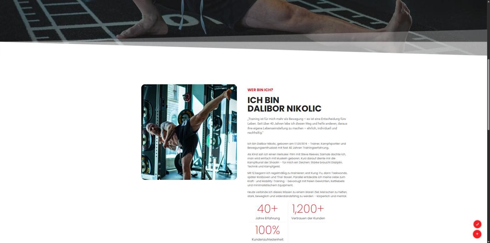DNT website section introducing the coach, Ich bin Dalibor Nikolic, with stats