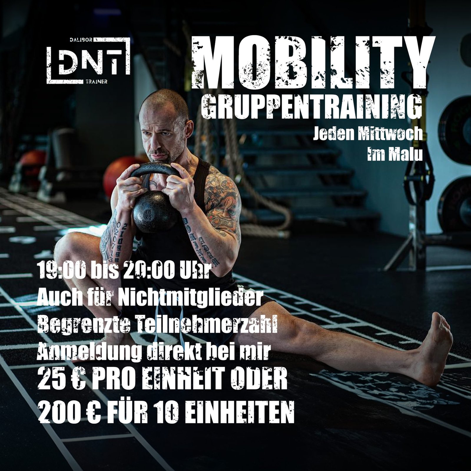 DNT Mobility Gruppentraining poster with class time and prices, landscape format