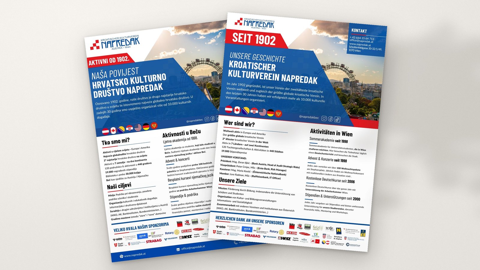 German and Croatian Napredak flyers in blue, red and white lying on a light surface