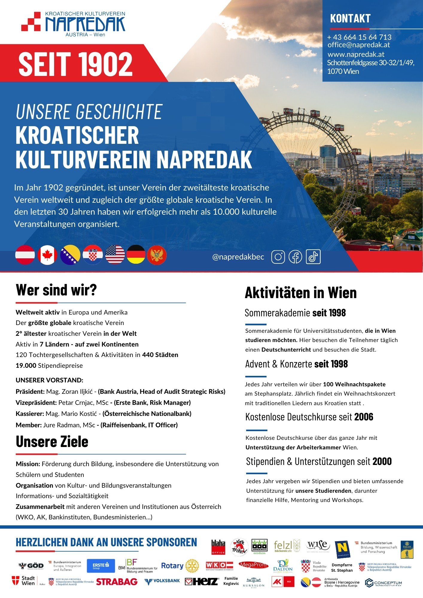 German Napredak flyer, Unsere Geschichte, with history, board, activities and sponsors