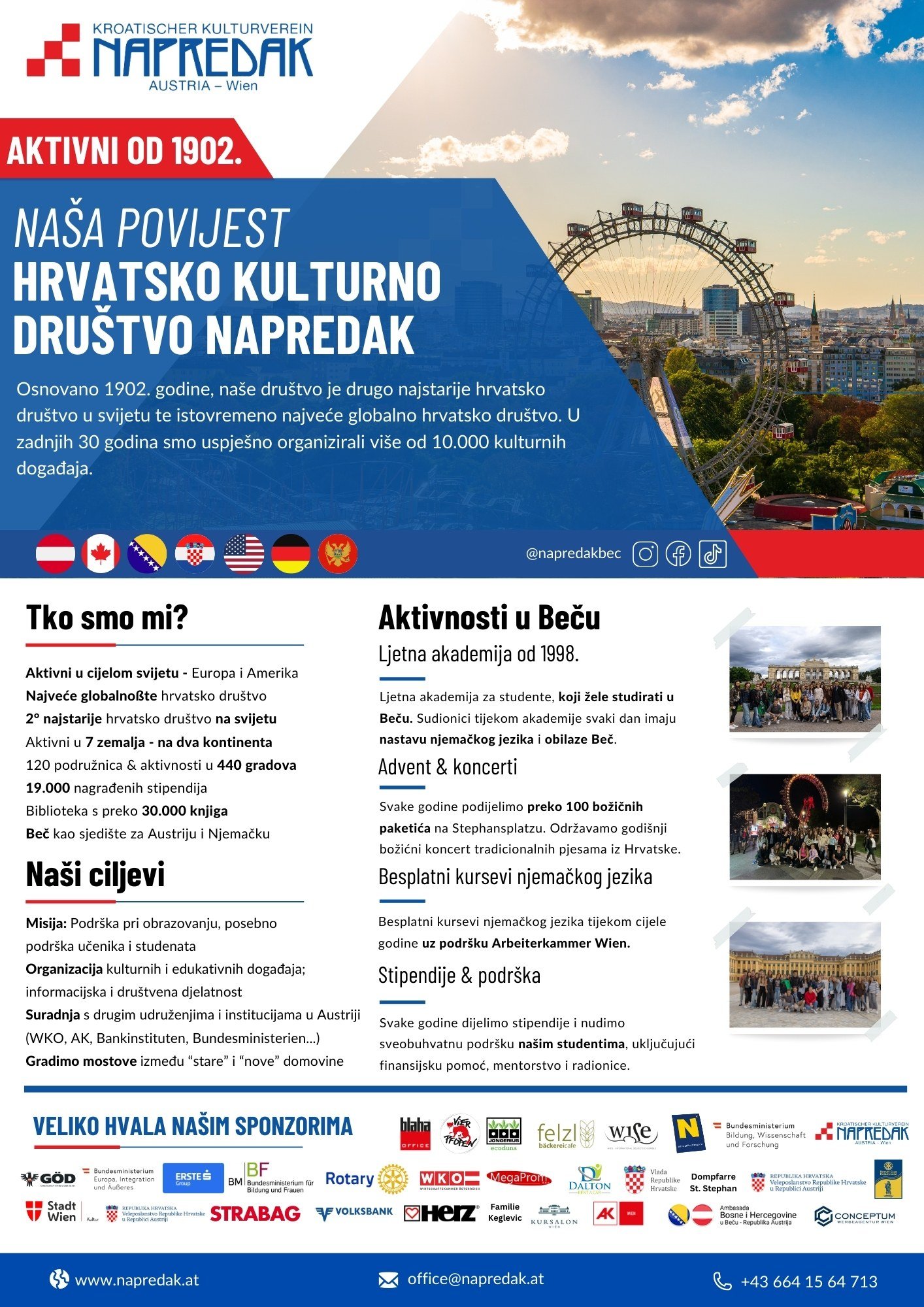Croatian Napredak flyer, Naša povijest, with history, goals, activities and sponsors