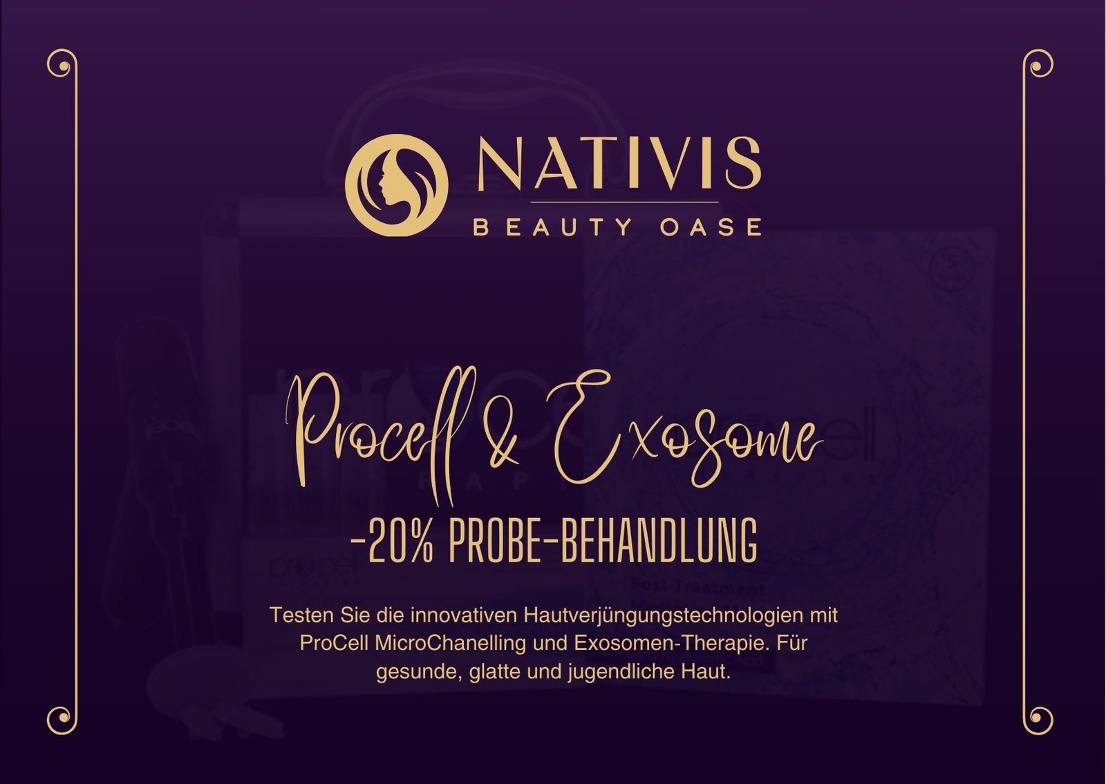 Nativis Beauty Oase promo card in deep purple and gold announcing 20% off a Procell and Exosome trial treatment