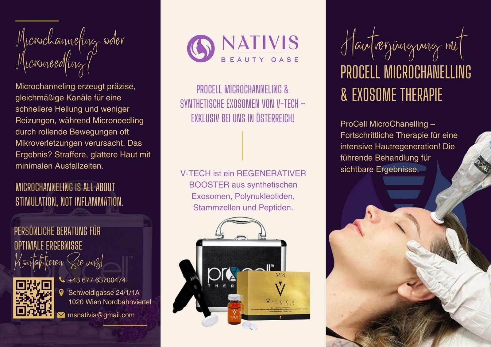 Nativis brochure spread explaining Procell microchanneling and exosome therapy, with product kit and treatment photo
