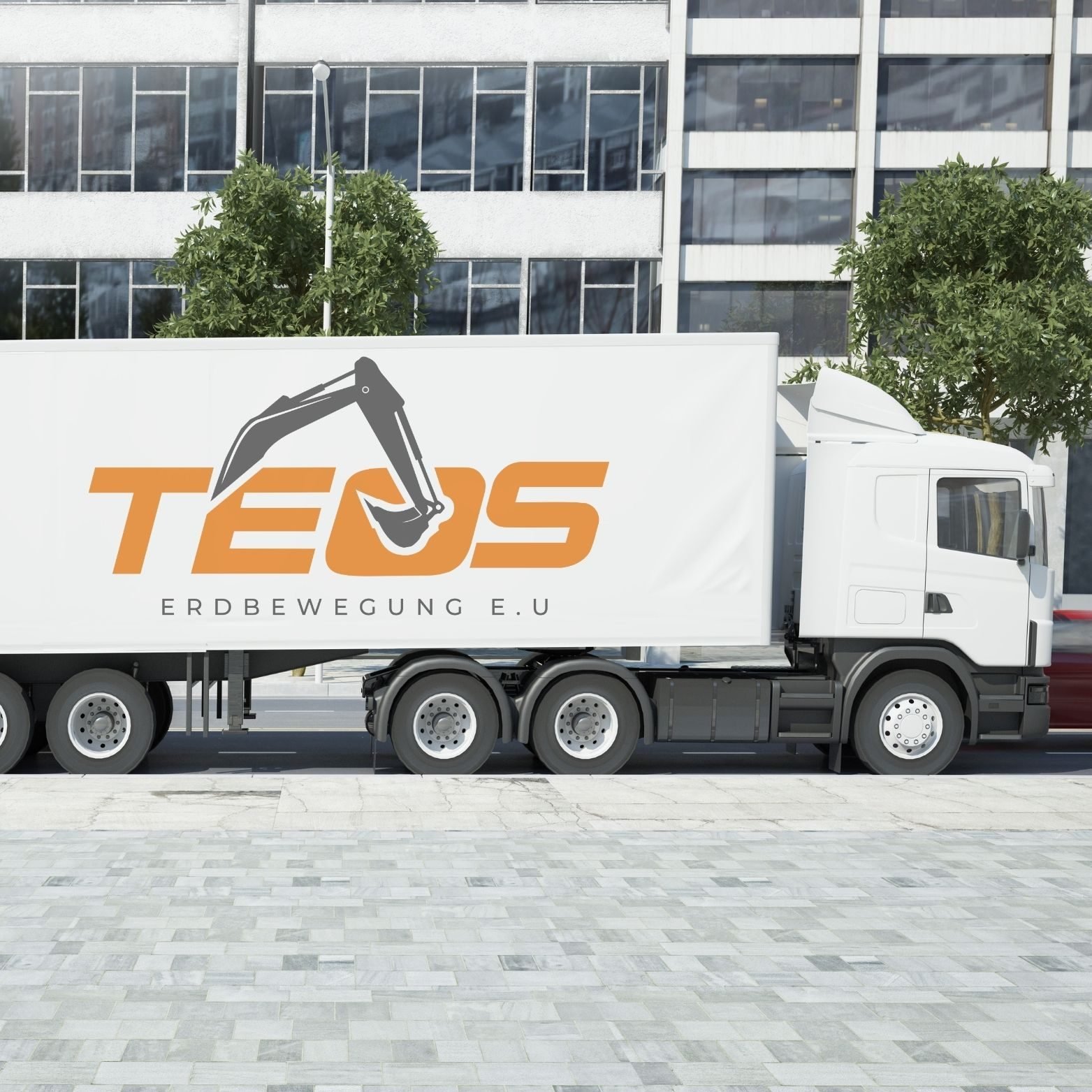 White lorry with the orange TEOS Erdbewegung logo on its trailer
