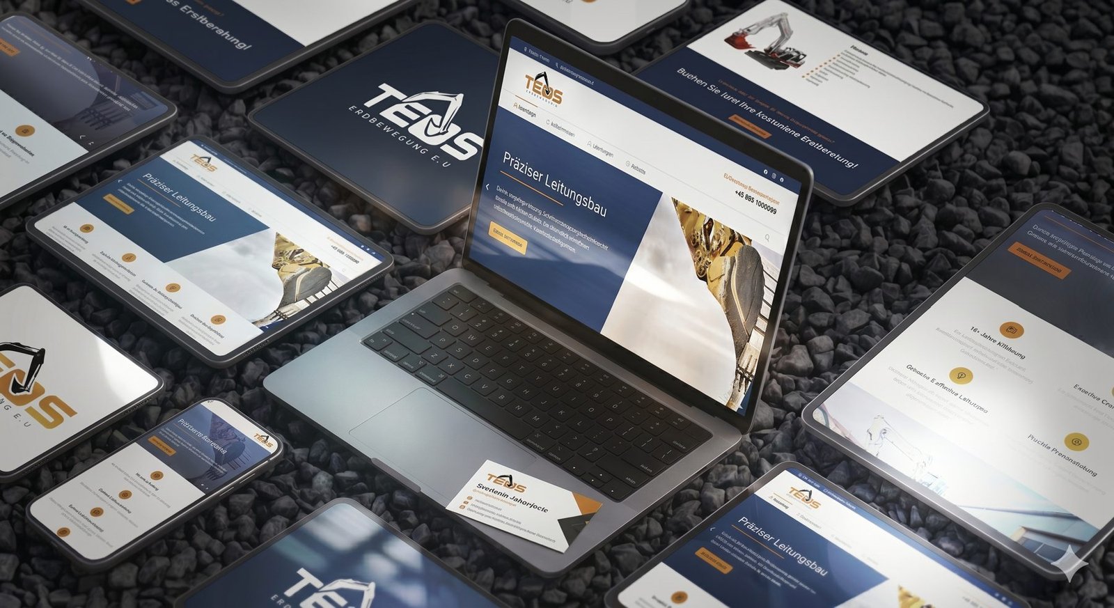 Overhead grid of TEOS business cards, letterhead and a laptop showing the website